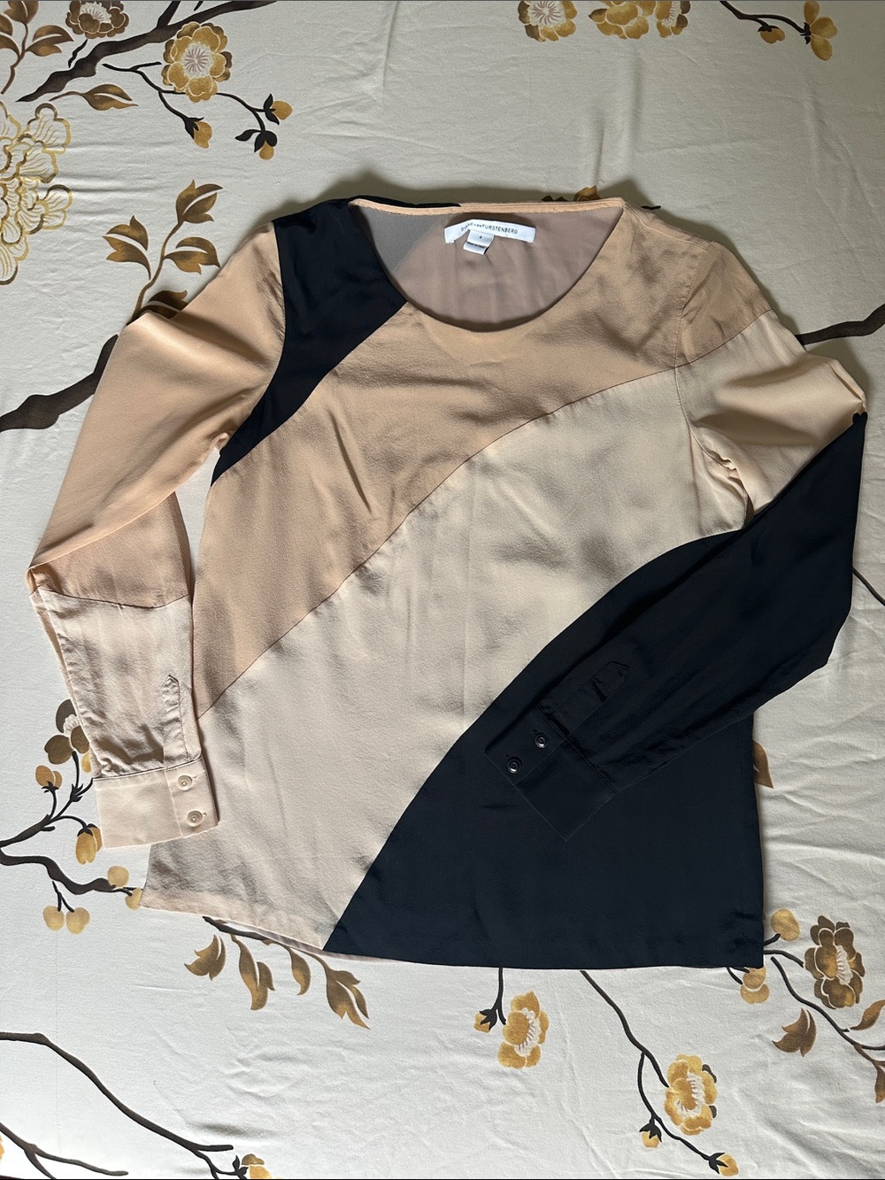 Colorblock 100% silk Long-Sleeve Blouse - Beige, Cream & Black